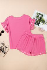 Bright Pink Textured Pearled Ruffle Sleeve Top 2 Piece Shorts Set Short Sets JT's Designer Fashion