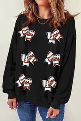 Black Rugby Football Bowknot Patched Crew Neck Game Day Sweatshirt Graphic Sweatshirts JT's Designer Fashion