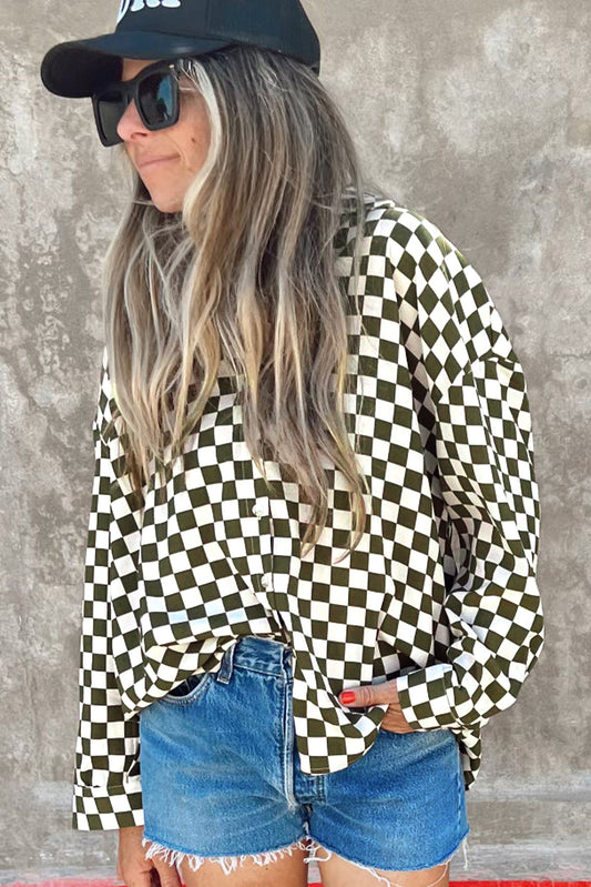 Green Checkerboard Printed Drop Shoulder Loose Casual Shirt Blouses & Shirts JT's Designer Fashion