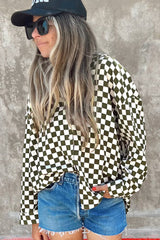 Green Checkerboard Printed Drop Shoulder Loose Casual Shirt Blouses & Shirts JT's Designer Fashion