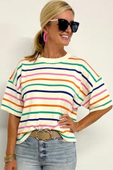 Beige Stripe Dropped Short Sleeve Boxy Fit Knitted Top Sweaters & Cardigans JT's Designer Fashion