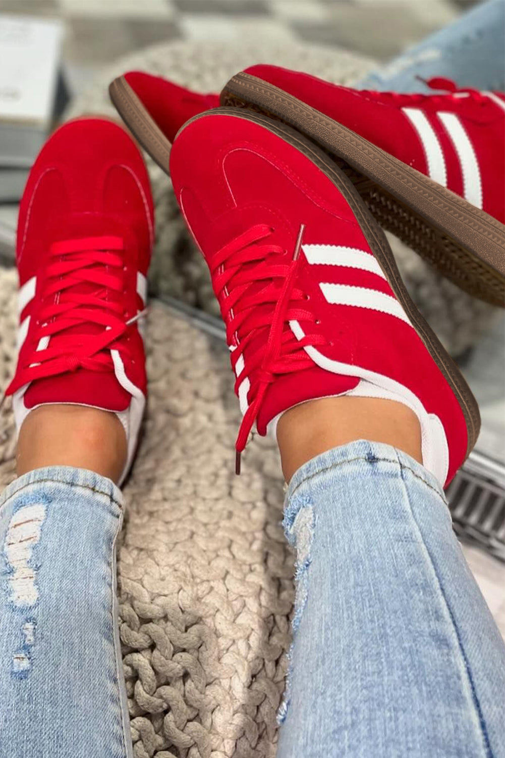 Fiery Red Vintage Striped Patchwork Lace-up Flat Shoes Women's Shoes JT's Designer Fashion