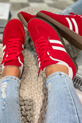 Fiery Red Vintage Striped Patchwork Lace-up Flat Shoes Women's Shoes JT's Designer Fashion