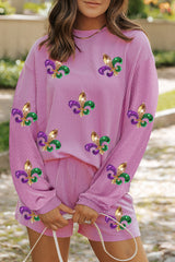 Phalaenopsis Mardi Gras Fleur de Lis Patched Corded Long Sleeve Top and Shorts Phalaenopsis 75%Polyester+20%Viscose+5%Elastane Graphic Sets JT's Designer Fashion