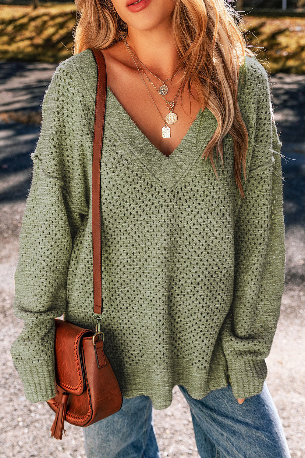 Jungle Green Loose Eyelet V Neck Drop Shoulder Sweater Jungle Green 50%Regenerated Polyester+27%Acrylic+15%Polyamide+6%Wool+2%Elastane Sweaters JT's Designer Fashion
