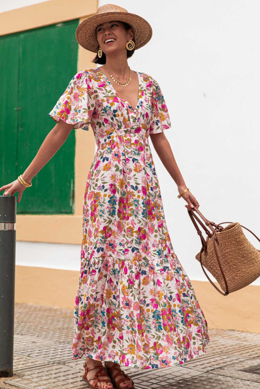 Red Floral Short Sleeve V Neck High Waist Maxi Dress Floral Dresses JT's Designer Fashion