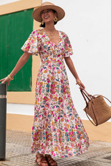 Red Floral Short Sleeve V Neck High Waist Maxi Dress Floral Dresses JT's Designer Fashion