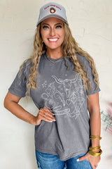 Gray Cowgirl Boots OX Head Western Fashion Print Crewneck Tee Graphic Tees JT's Designer Fashion