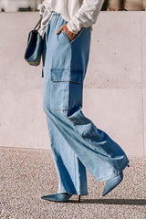 Sky Blue Drawstring High Waist Cargo Pocket Wide Leg Jeans Jeans JT's Designer Fashion