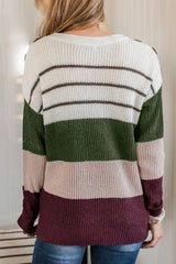 Green Color Block Striped Buttoned Shoulder Split Sweater Sweaters JT's Designer Fashion