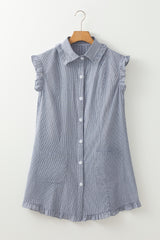 Blue Stripe Frilled Sleeveless Collar Front Pocket Button Up Mini Dress Mini Dresses JT's Designer Fashion