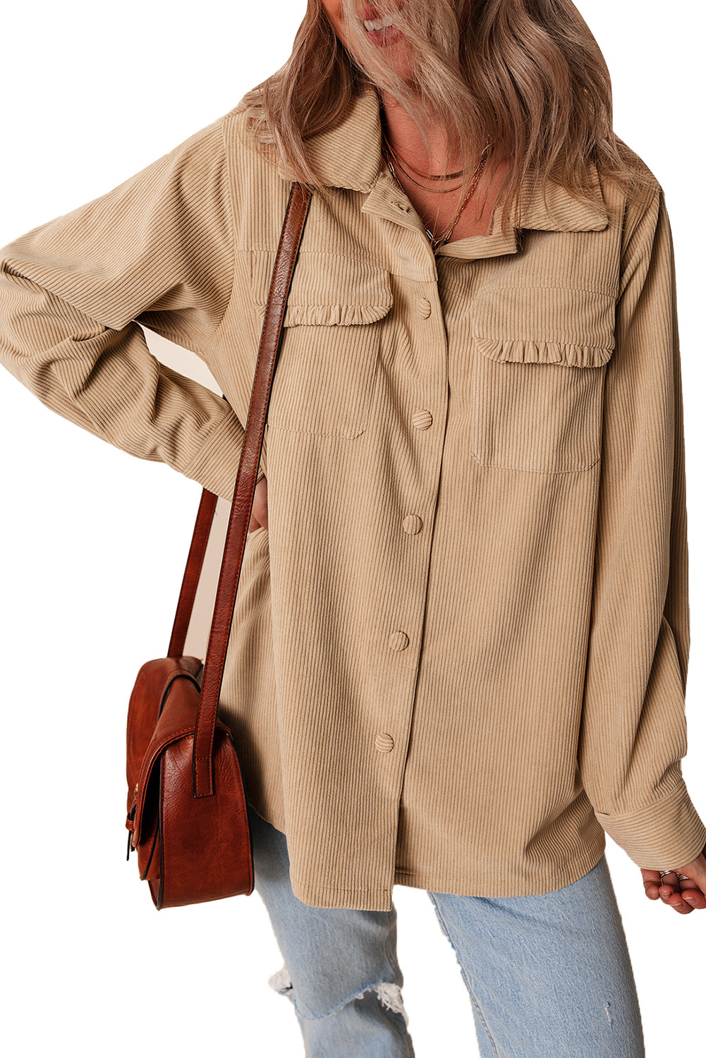 Light French Beige Solid Frilled Flap Pocket Button Up Corduroy Shacket Jackets JT's Designer Fashion