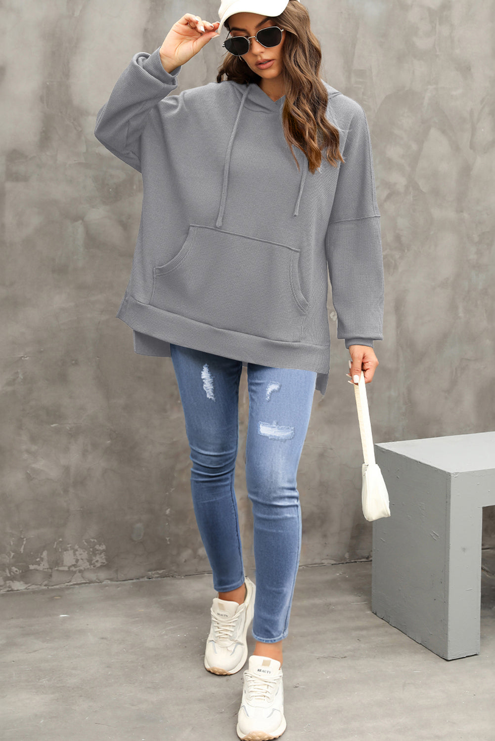 Gray Waffle Knit Fleece Lined High Low Oversized Hoodie Sweatshirts & Hoodies JT's Designer Fashion