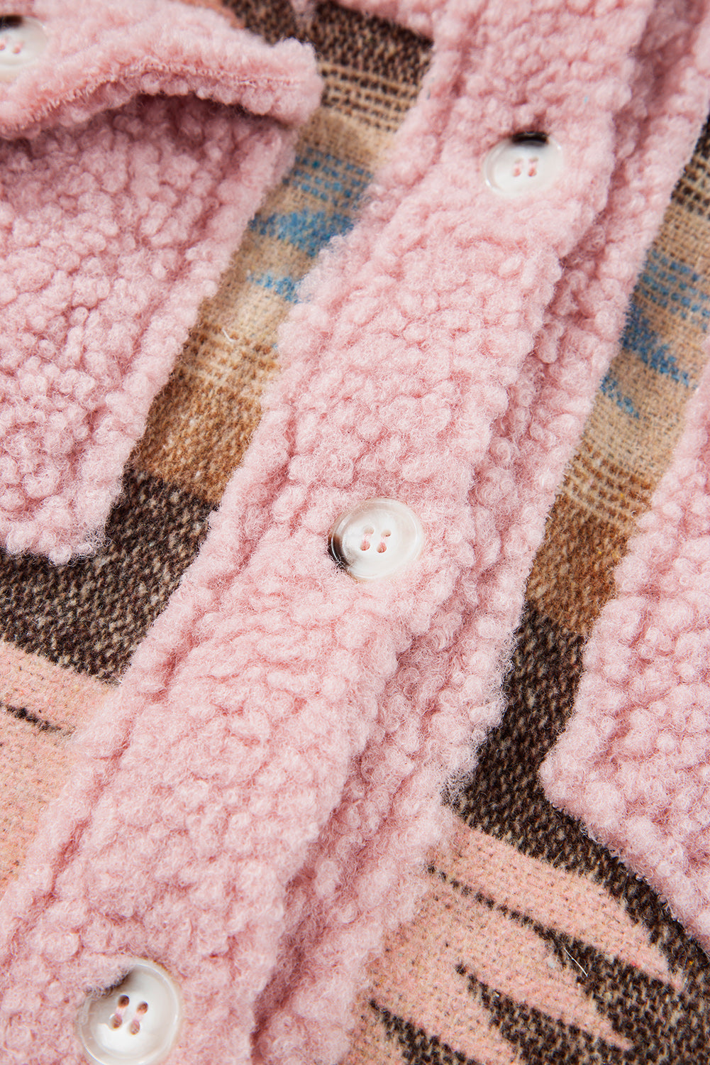 Pink Western Aztec Print Sherpa Splicing Buttoned Flap Pocket Coat Jackets JT's Designer Fashion