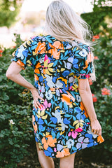 Blue Collared Split Neck Floral Flared Dress Floral Dresses JT's Designer Fashion