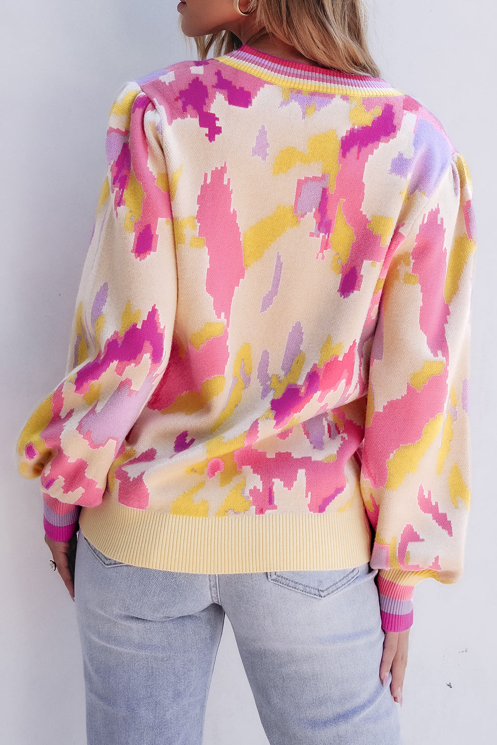 Khaki Abstract Print Colorblock Balloon Sleeve Sweater Sweaters JT's Designer Fashion