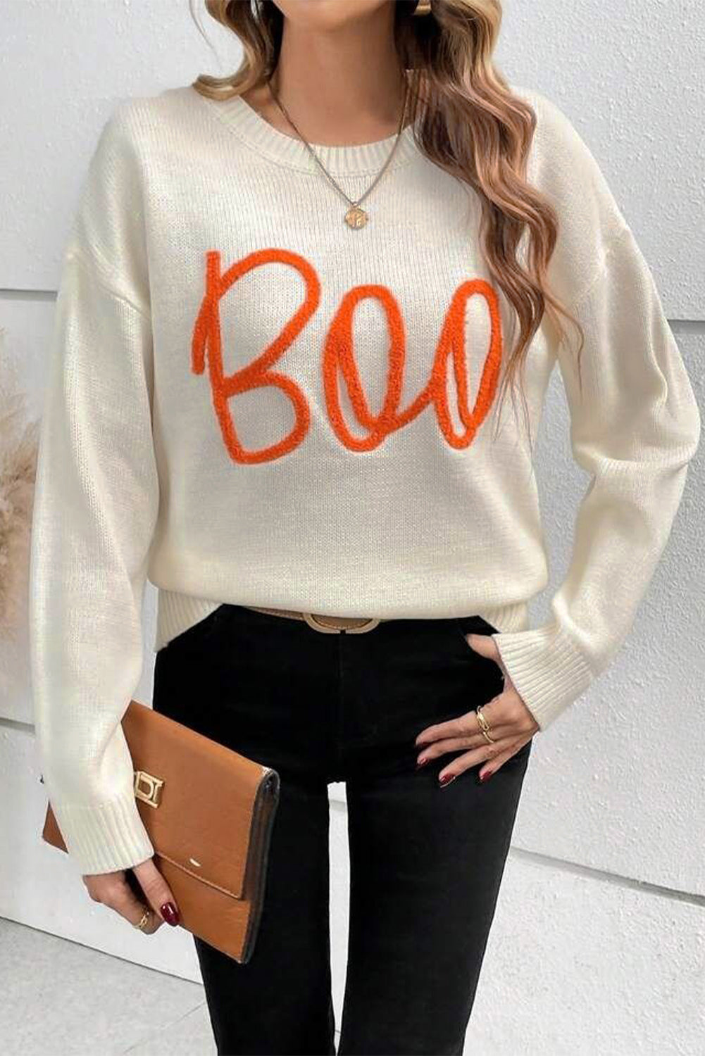 Apricot Boo Knitted Pattern Ribbed Edge Drop Shoulder Sweater Sweaters JT's Designer Fashion