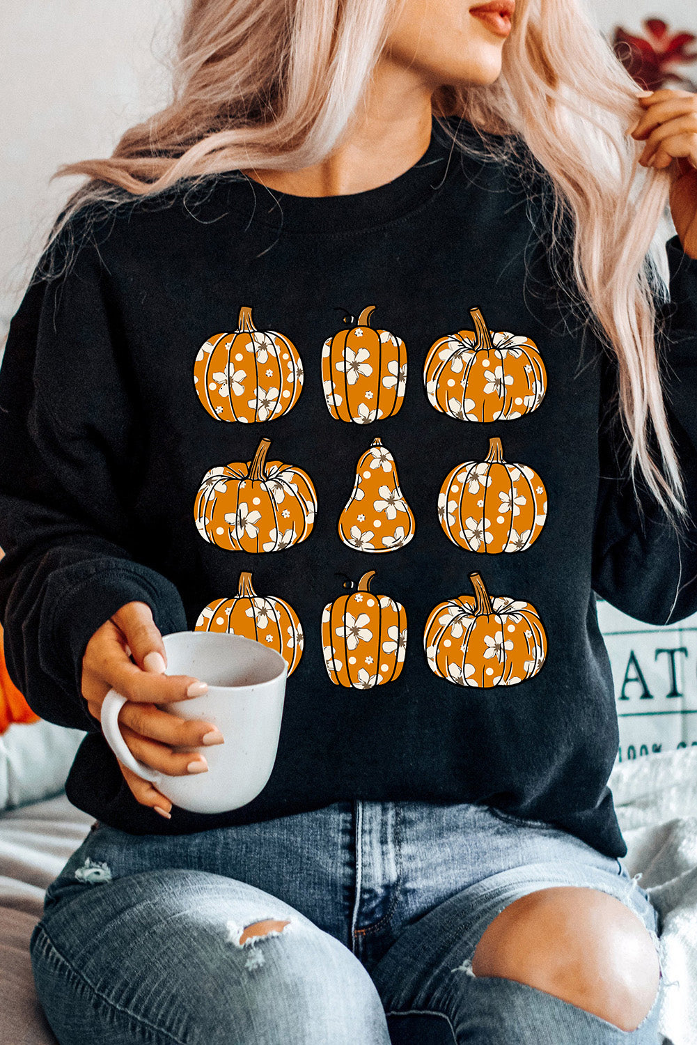 Black Floral Pumpkin Graphic Round Neck Halloween Sweatshirt Black 50%Polyester+50%Cotton Graphic Sweatshirts JT's Designer Fashion