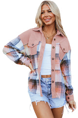 Light Pink Plaid Corduroy Patchwork Chest Pocket Shacket Plaid Shackets JT's Designer Fashion