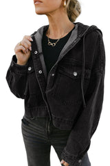 Black Big Chest Pocket Drop Shoulder Hooded Denim Jacket Denim Jackets JT's Designer Fashion