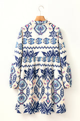 Blue Ethnic Print Striped Split Neck Long Sleeve Flowy Mini Dress Mini Dresses JT's Designer Fashion