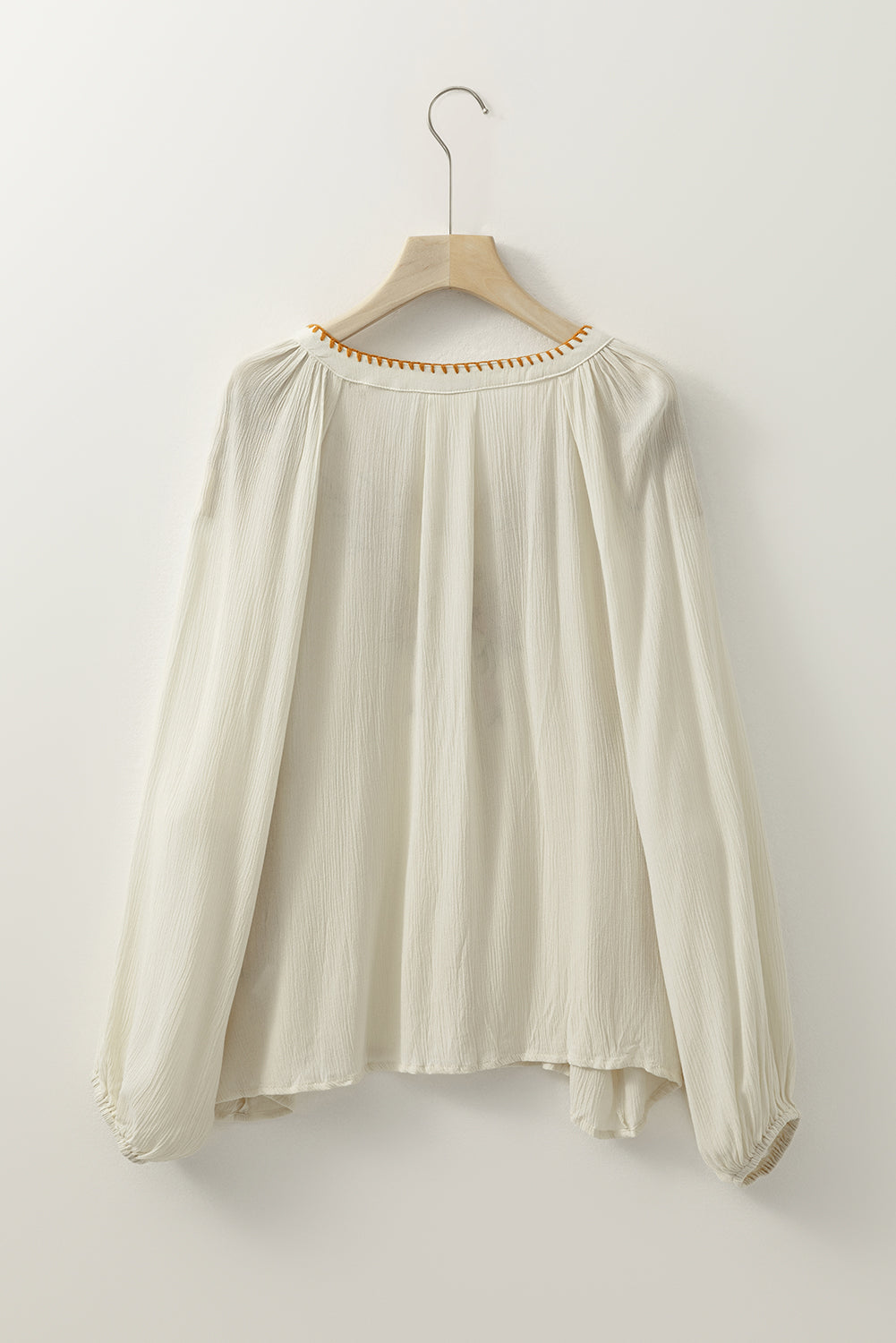 Beige Floral Embroidered Textured Puff Sleeve Loose Shirt Blouses & Shirts JT's Designer Fashion