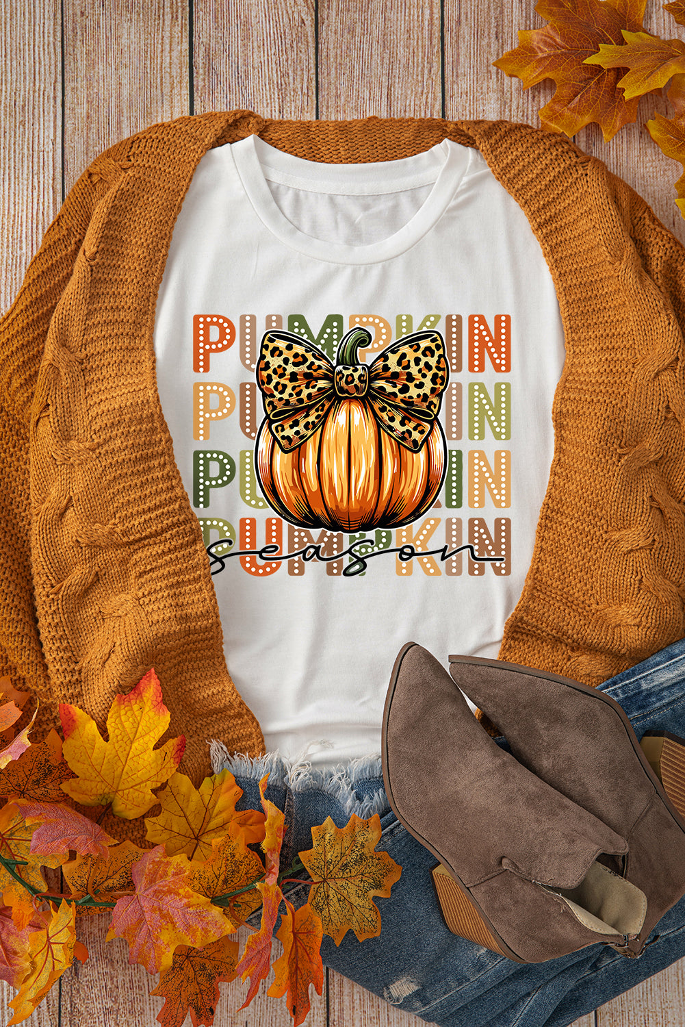 White PUMPKIN Season Leopard Bow Print Crew Neck T Shirt Graphic Tees JT's Designer Fashion