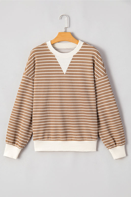 Khaki Stripe Patched Edge Textured Round Neck Long Sleeve Top Long Sleeve Tops JT's Designer Fashion