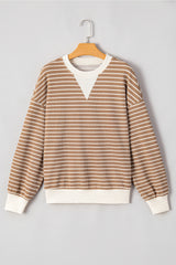 Khaki Stripe Patched Edge Textured Round Neck Long Sleeve Top Long Sleeve Tops JT's Designer Fashion