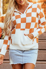 Gold Flame Checkered Split Neck Contrast Kangaroo Pocket Hooded Sweater Sweaters JT's Designer Fashion