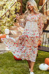 Khaki Floral Print Ruffled Tiered Long Sleeve V Neck Midi Dress Floral Dresses JT's Designer Fashion