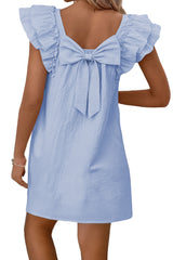 Beau Blue Textured Flutter Sleeve Square Neck Bow Back Mini Dress Dresses JT's Designer Fashion