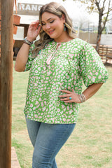 Green Plus Size Floral Tassel Tie Split Neck Puff Sleeve Blouse Plus Size Blouses & Shirts JT's Designer Fashion