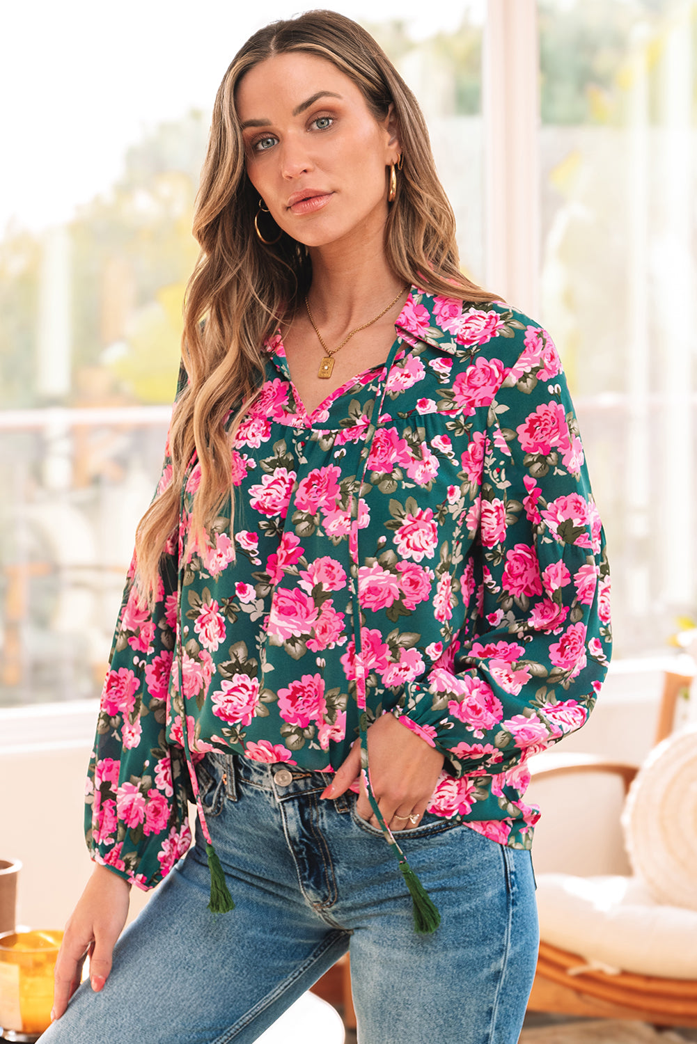 Green Floral Printed Tied Collar Puff Sleeve Blouse Blouses & Shirts JT's Designer Fashion