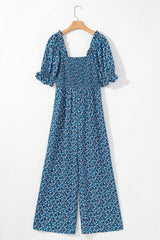 Blue Vintage Boho Floral Smocked Short Puff Sleeve Wide Leg Jumpsuit Jumpsuits & Rompers JT's Designer Fashion