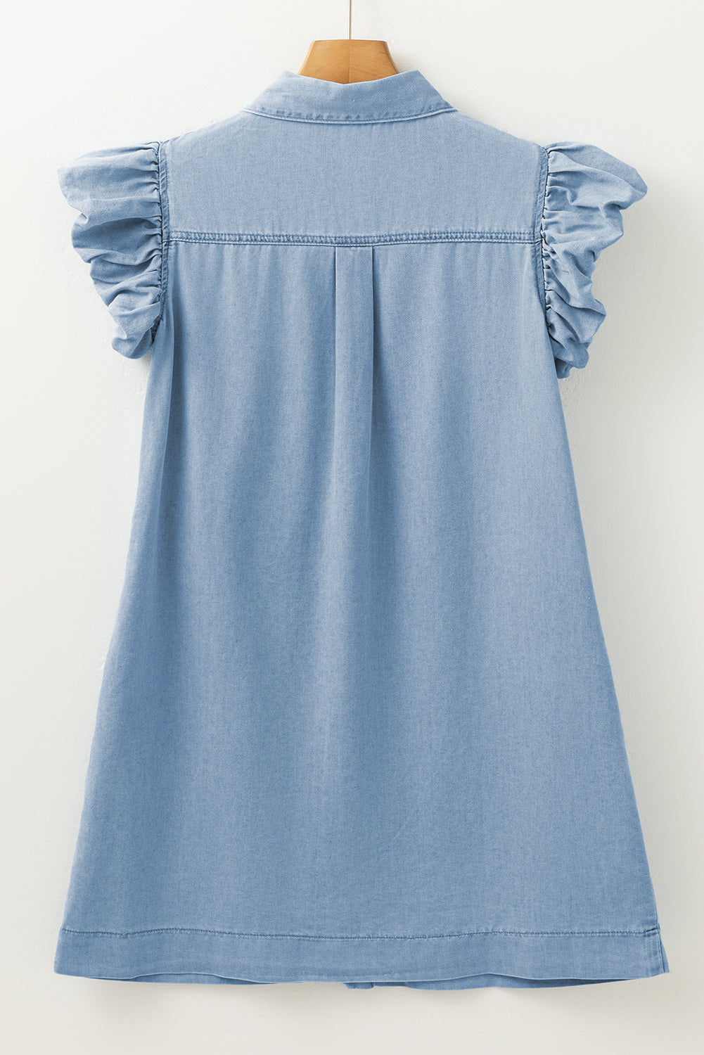 Beau Blue Flutter Sleeve Shirred Detail Button Up Denim Mini Dress Mini Dresses JT's Designer Fashion