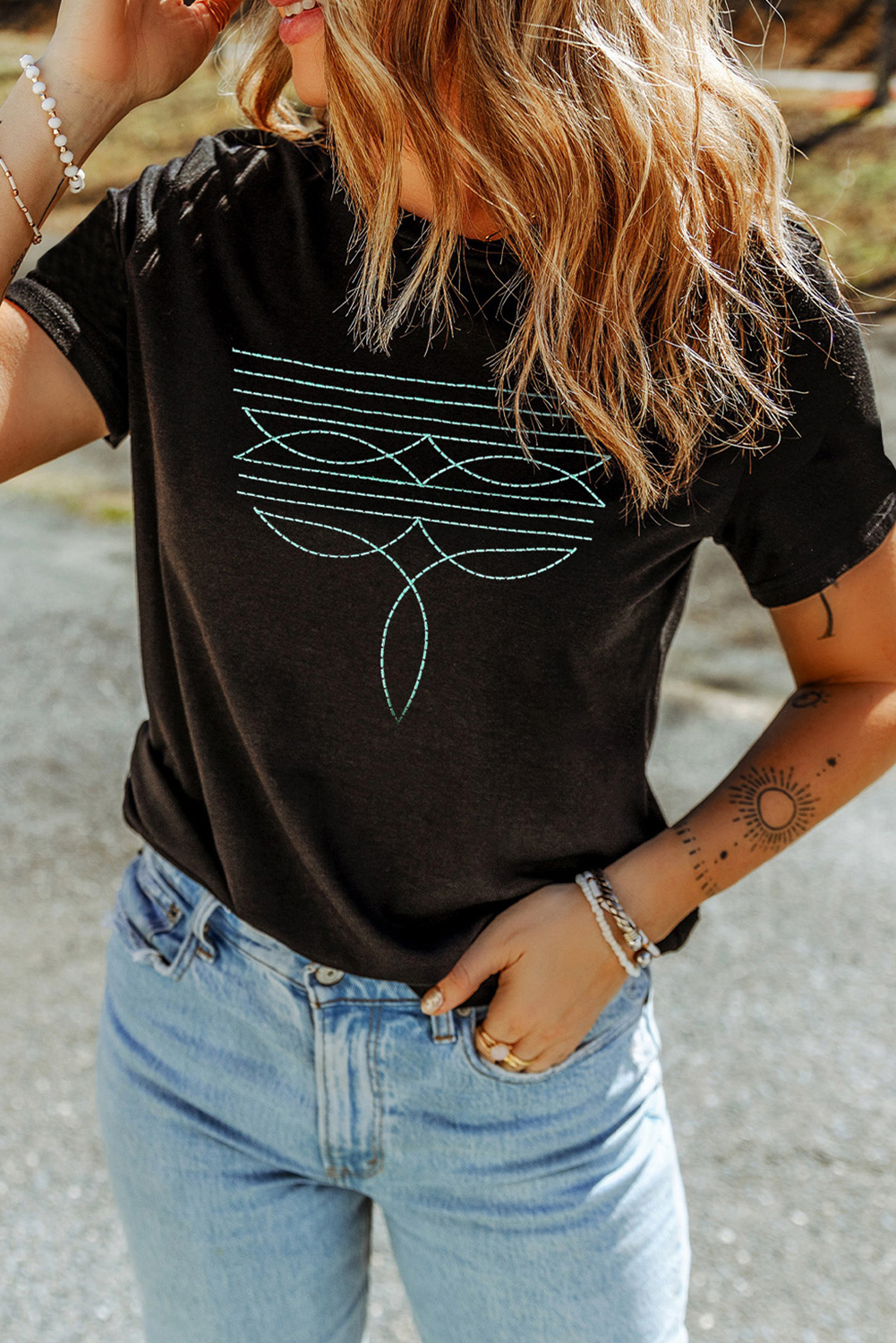 Black Western Fashion Geometric Embroidered T Shirt Graphic Tees JT's Designer Fashion