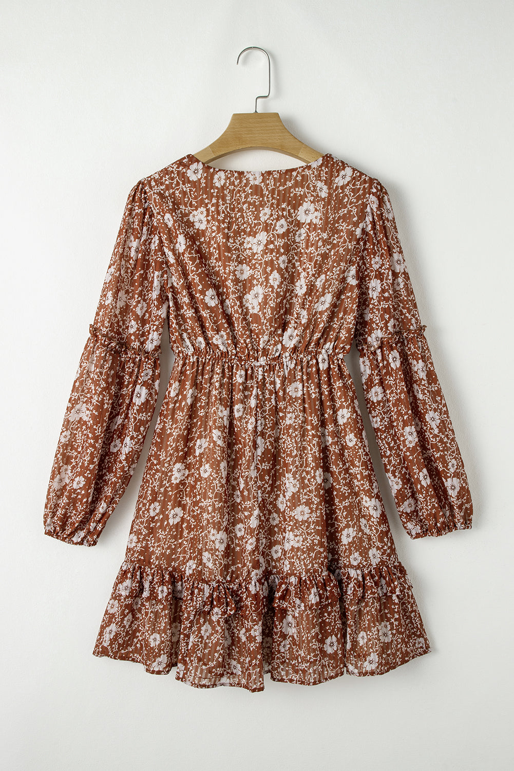 Brown Boho Floral Ruffled Puff Sleeve V Neck Mini Dress Floral Dresses JT's Designer Fashion