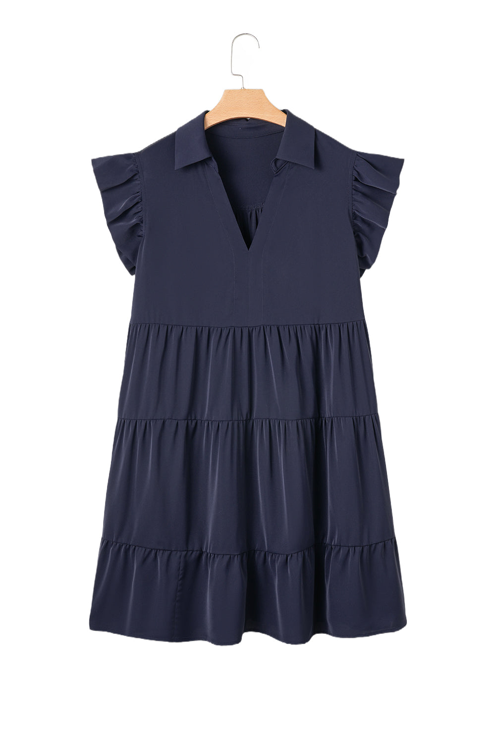 Navy Blue Collared V Neck Flutter Sleeve Tiered Plus Size Dress Plus Size Mini Dresses JT's Designer Fashion