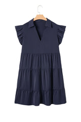 Navy Blue Collared V Neck Flutter Sleeve Tiered Plus Size Dress Plus Size Mini Dresses JT's Designer Fashion