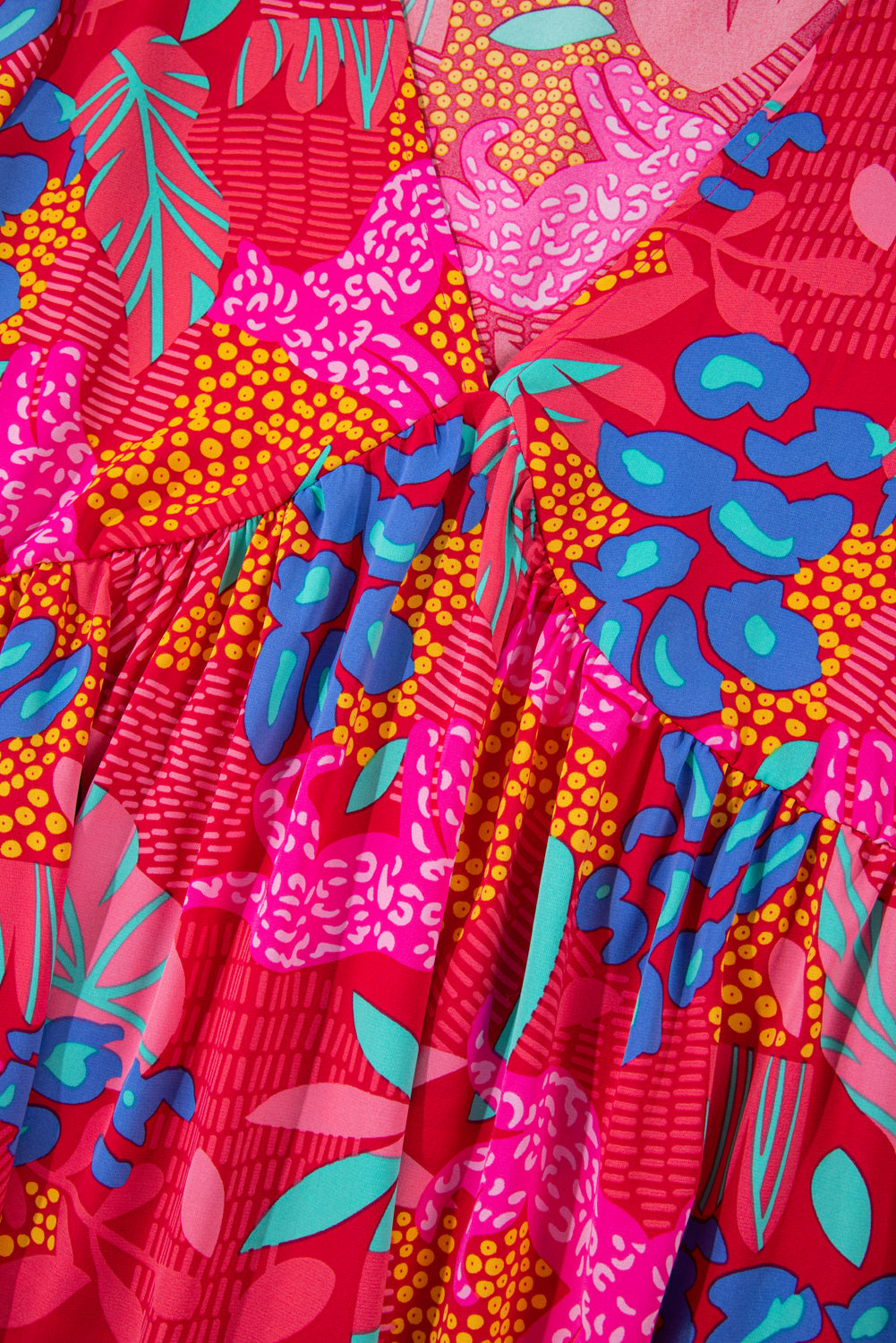 Rose Tropical Printed Lantern Sleeve V Neck Ruffled Plus Size Mini Dress Plus Size Mini Dresses JT's Designer Fashion