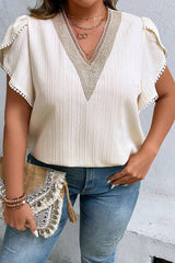 Beige Contrast Embroidered V Neck Wrap Sleeve Textured Plus Blouse Plus Size JT's Designer Fashion