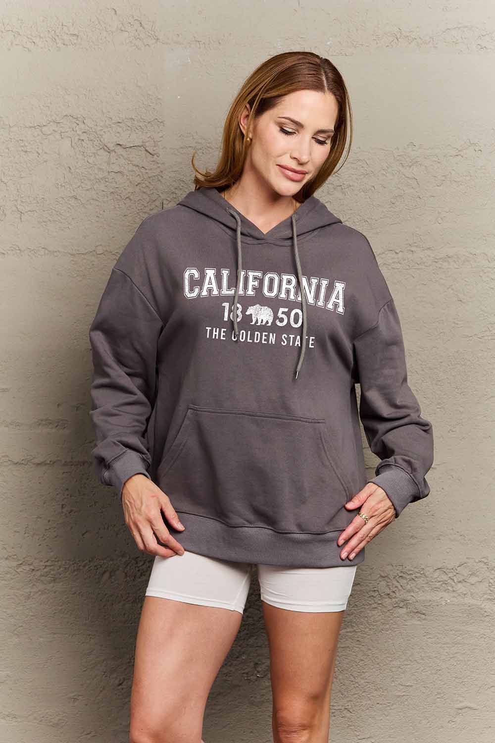 Simply Love Simply Love Full Size CALIFORNIA 1850 THE GOLDEN STATE Graphic Hoodie Dark Gray Graphic Sweatshirts JT's Designer Fashion