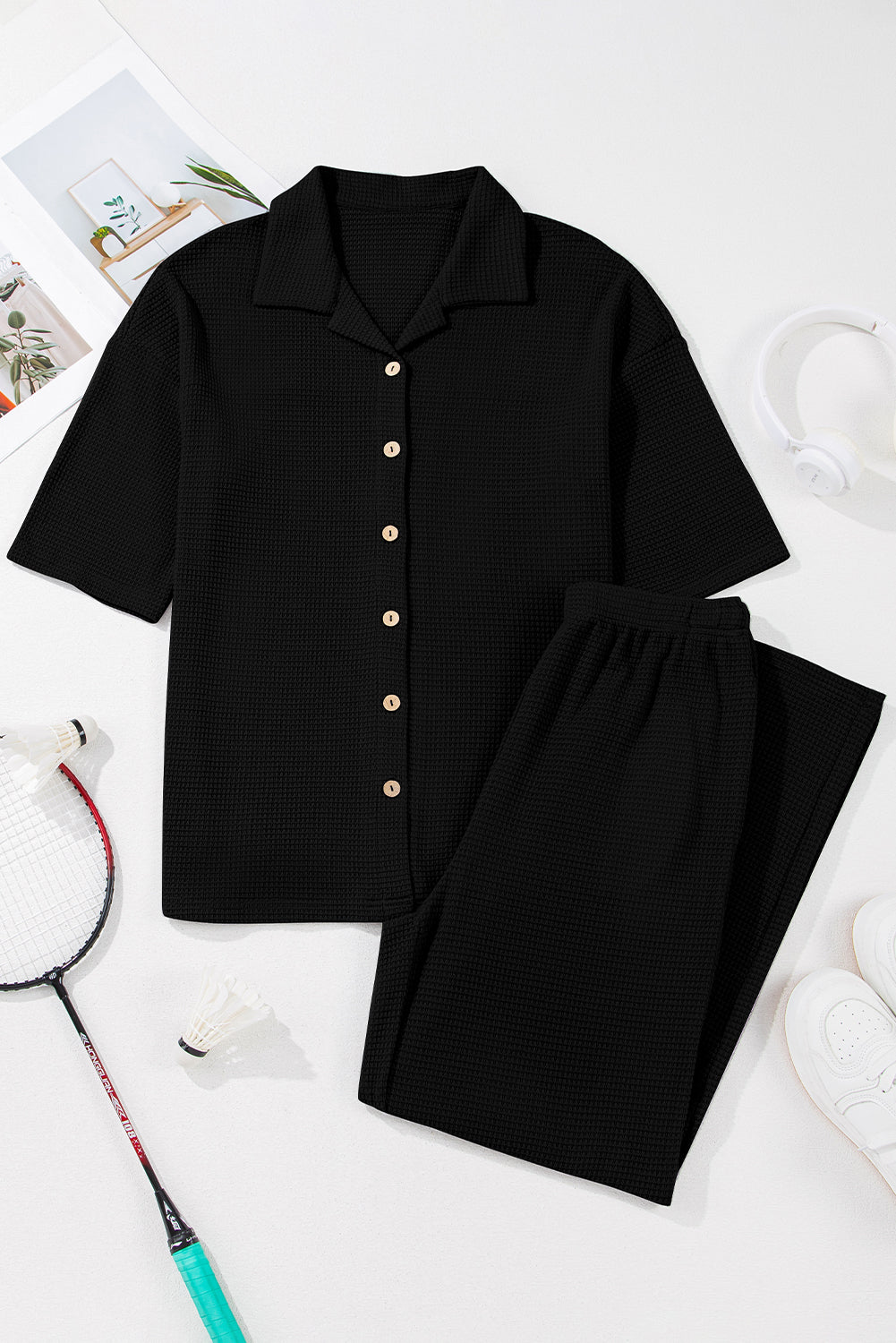 Black Solid Color Textured Buttoned Shirt and Casual Pants Set Pant Sets JT's Designer Fashion