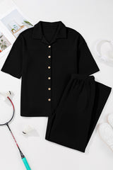 Black Solid Color Textured Buttoned Shirt and Casual Pants Set Pant Sets JT's Designer Fashion