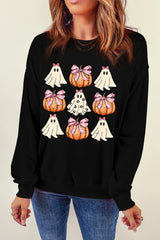 Black Halloween Bowknot Ghost Pumpkin Graphic Crewneck Sweatshirt Graphic Sweatshirts JT's Designer Fashion