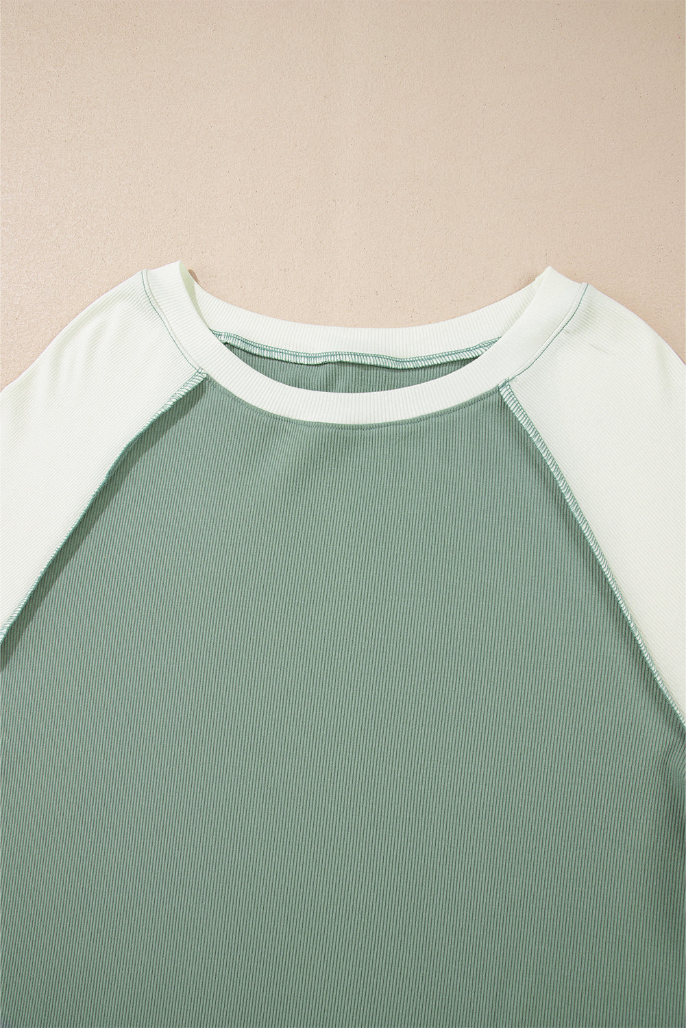 Mint Green Ribbed Colorblock Patchwork Raglan Long Sleeve Top Long Sleeve Tops JT's Designer Fashion