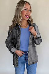 Medium Grey Mineral Wash Patched Pocket Split Denim Jacket Denim Jackets JT's Designer Fashion