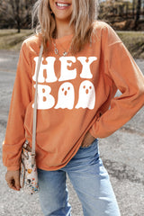 Orange Halloween Hey Boo Ghost Print Loose Sweatshirt Graphic Sweatshirts JT's Designer Fashion