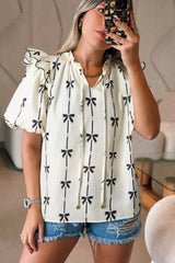 Beige Bow Printed Ruffled Bubble Sleeve Tied Notched V Neck Blouse Blouses & Shirts JT's Designer Fashion